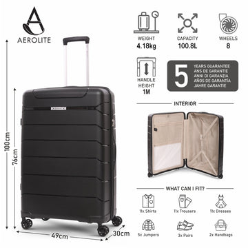 Aerolite 28” Large 100L Lightweight Polypropylene (PP) Check-In Suitcase – Hard Shell Luggage with Spinner Wheels, TSA Lock & Waterproof Pocket, Black